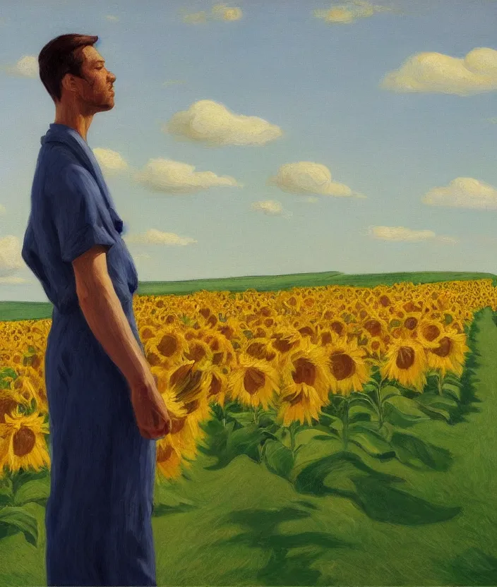 Image similar to a portrait painting of a man in an oranger prisoner overall, standing in beautiful sunflower field, screaming and sad, highly detailed, aesthetic stars in the sky, in the style of edward hopper, very fine brush strokes, 4 k,