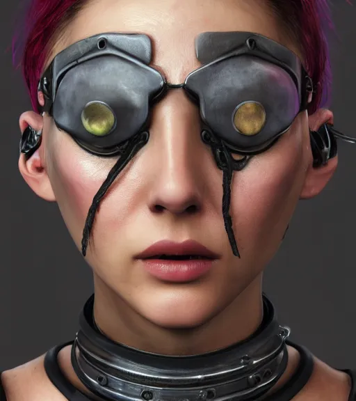 Image similar to detailed realistic female character cyberpunk wearing thick steel collar around neck, realistic, art, beautiful, 4K, collar, choker, collar around neck, punk, artstation, detailed, female, woman, choker, cyberpunk, neon, punk, collar, choker, collar around neck, thick collar, tight around neck, punk, leather collar, cyberpunk,