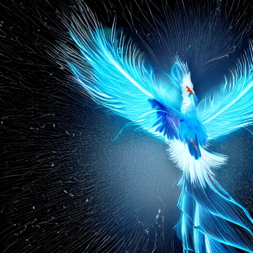 Prompt: blue phoenix bird, his feathers are electrical discharges, it's flying between a storm, high - quality, realistic, the figure is on the center of the picture, there is space around the figure, black background
