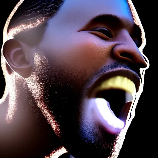 Image similar to a black man singing with all teeth shown ultra realistic, lens flare, atmosphere, glow, detailed, intricate, full of colour, cinematic lighting, trending on artstation, 4 k, hyperrealistic, focused, extreme details, unreal engine 5, cinematic, masterpiece, ultra realistic, hyper realistic, highly detailed, sharp focus, digital art