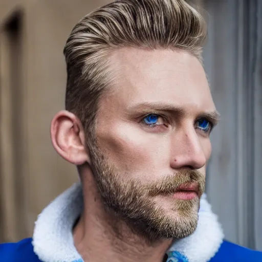 Image similar to close up of face of very handsome 4 0 year old slavic blond man with blond stubble, very short wavy blond hair in a short pompadour style, very pale skin, blue eyes, hairy shoulders, hairy chest, portrait, 4 k