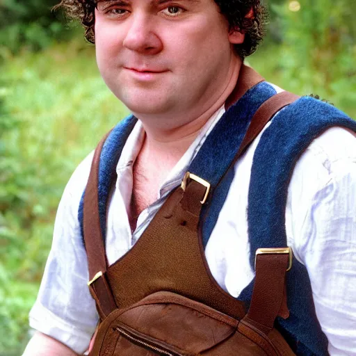 Image similar to close up headshot of a frowning clean shaven pudgy British lad with short curly dark brown hair as a hobbit wearing a white men's crossbody sling chest bag and blue vest, blue vest!! white crossbody chestbag!! high resolution film still, painting by Ed Binkley