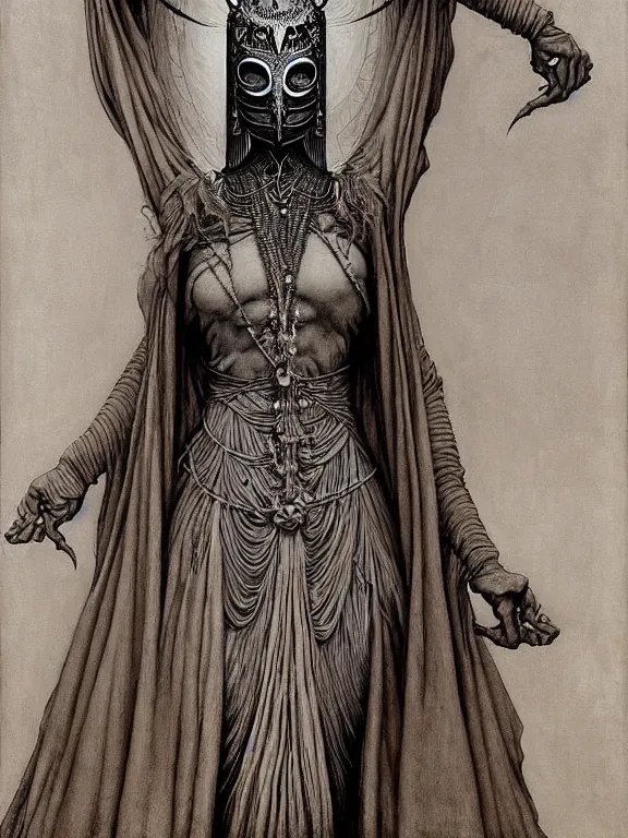 Prompt: soaring woman wearing a giant mask with many thick long blades behind head. dressed in a long robe with wide sleeves and making namaste / anjali mudra gesture. highly detailed, symmetric, concept art, masterpiece, fantasy art, hyperdetailed, hyperrealism, art by zdzisław beksinski, arthur rackham, dariusz zawadzki