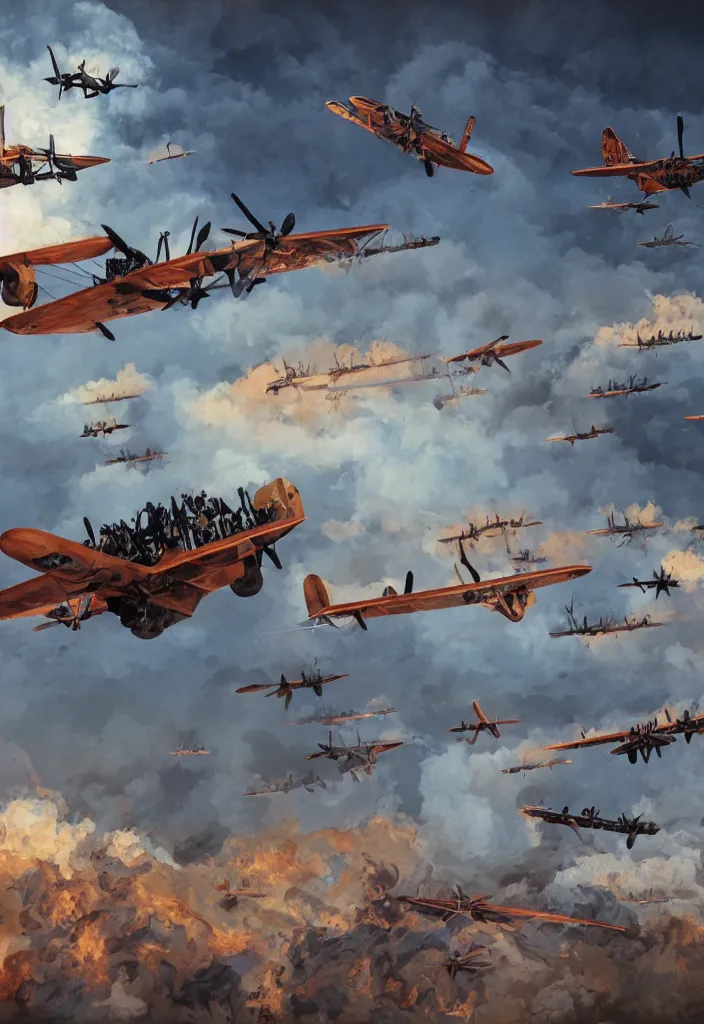 Prompt: handmade illustration of an epic World War I air scene with only two 1914 airplanes fighting, some smoke and fire, blue sky with dramatic clouds, line art, ballpoint, oil on canvas by Kilian Eng and by Jake Parker, heavy brushstrokes, winning-award masterpiece, fantastic, octane render, 8K HD Resolution, High quality image