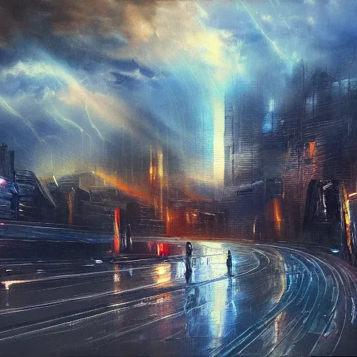 Image similar to oil painting of a futuristic city near to a big lake, dramatic storm clouds, dusty street, sunrays, dramatic, very very very beautiful art, cinematic lighting, romanticism by goya, bright pastel color, blue sky