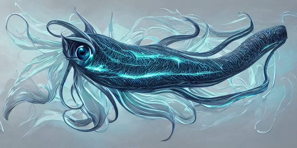 Prompt: squid, stylized layered shapes, long flowing fins, bioluminescent orbs, diffuse lighting, glowing eye, intricate, elegant, highly detailed, lifelike, photorealistic, digital painting, artstation, smooth, sharp focus,