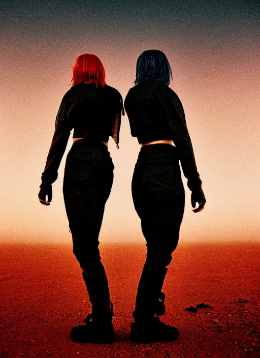 Image similar to cinestill 5 0 d photographic portrait of two loving female androids wearing rugged black techwear on a desolate plain with a red sky, extreme closeup, lizard on ground, cyberpunk style, in front of a brutalist dark metal facility, dust storm, 8 k, hd, high resolution, 3 5 mm, f / 3 2, ultra realistic faces