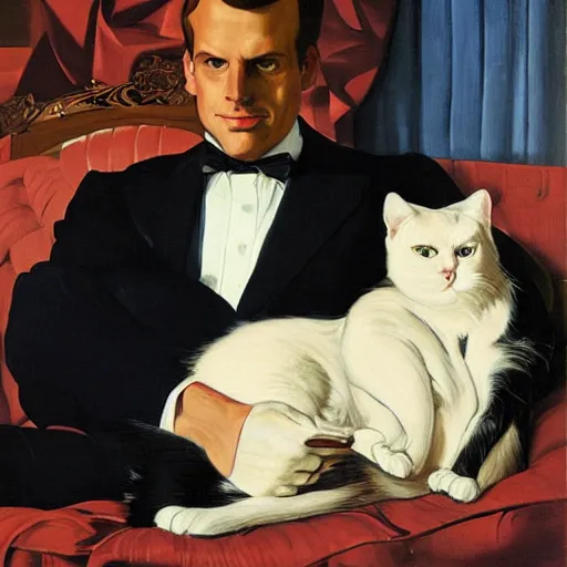 Prompt: portrait of macron reclining on the sofa, petting a cat, black suit, by j. c. leyendecker, tamara de lempicka