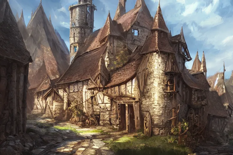 Image similar to A beautiful medieval settlement, iron ,iron, iron, fantasy, D&D, concept art, sharp focus, trending on artstation, digital painting, midday, sunny, beautiful