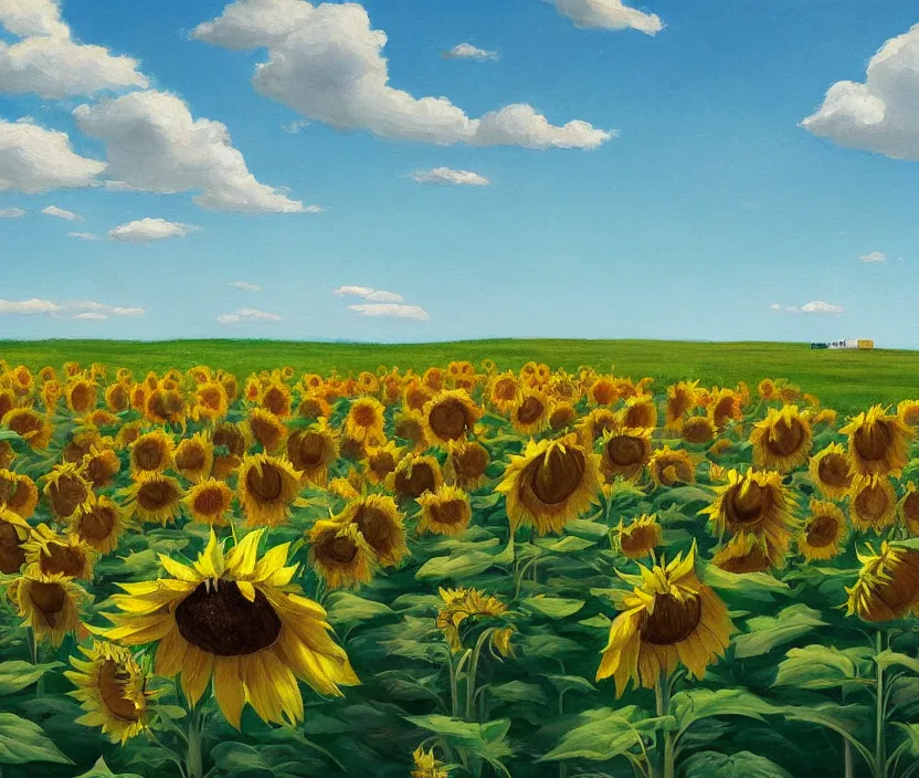 Image similar to a very detailed painting of a sunflower field, baby blue sky with very aesthetic stylized clouds, there is an ad billboard on the field, cows are on the field, an ufo is in the air, the ufo beams up a cow with a green light beam, in the style of edward hopper and hugo pondz, very fine brushstrokes, 4 k,