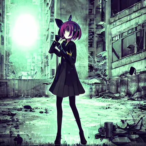 Image similar to vocaloid in abandoned city, dark, despair, loneliness