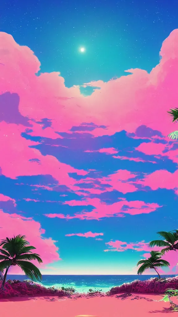 Image similar to beautiful beach horizon view of the tropical pink ocean on an alien planet, pink vaporwave ocean, clear sky, planet in space over the horizon, trending on artstation, digital art by hayao miyazaki, studio ghibli style