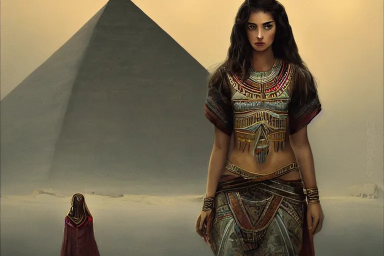 Image similar to a cinematic portrait painting of a beautiful girl wearing egyptian clothing stood on a pyramid overlooking a vast dystopian desert landscape with a river, rainy day, beautiful lighting, depth, accurate details, by marco mazzoni