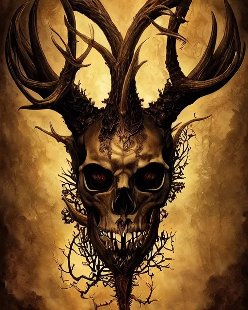 Prompt: perfectly centered portrait front view of a angry dead rotten beautiful dear skull growing ornamentation all around, ornate, detailed, symmetrical, elegant, beautifully soft lit, by wayne barlowe, peter mohrbacher, kelly mckernan