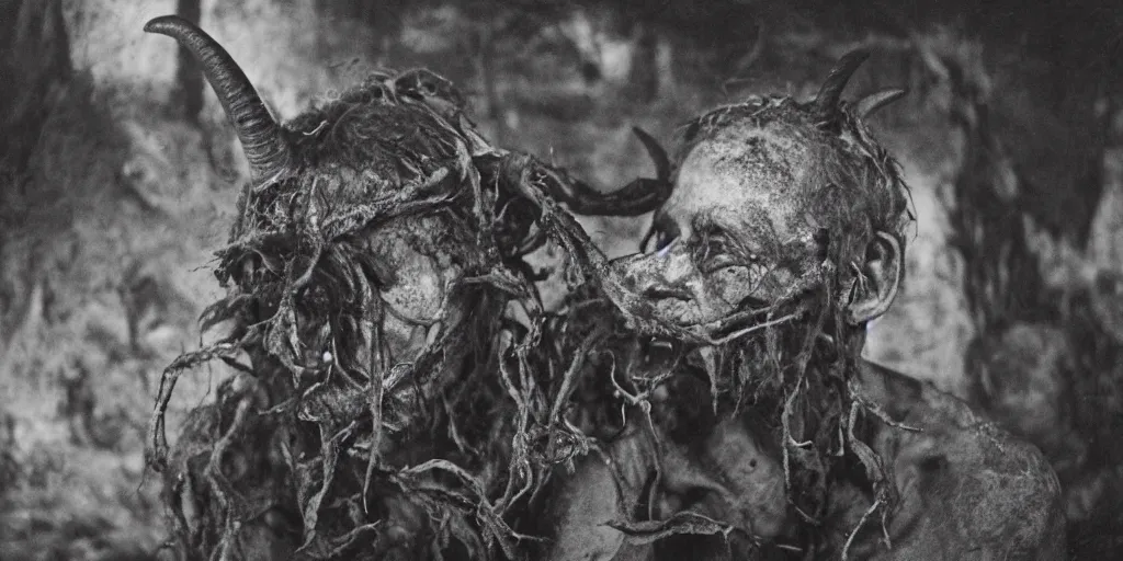 Prompt: historical sharp 4 k photograph of a man turning into a grotesque monster with goathorns and roots growing from his face, in a hut in the alps, dark, eerie, grainy
