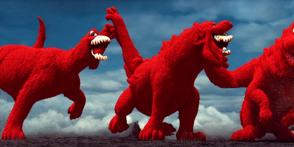 Image similar to clifford the big red dog fighting godzilla