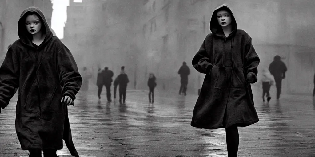 Prompt: sadie sink in hoodie offers closed umbrella to pedestrian in ruined square, pedestrians ignore her : grainy b & w 1 6 mm film, 2 5 mm lens, single long shot from schindler's list by steven spielberg. cyberpunk, steampunk. cinematic atmosphere and composition, detailed face, perfect anatomy