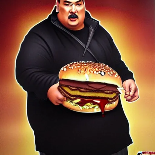 Prompt: Morbidly Obese Steven Seagal eating a mcdonald's big mac hamburger, dripping BBQ Sauce, serving burgers, intricate, elegant, low-brow kitsch grotesque, magical mystical, highly detailed, digital painting, artstation, concept art, matte, sharp focus, hyperreal, art by Artgerm and Greg Rutkowski and Alphonse Mucha