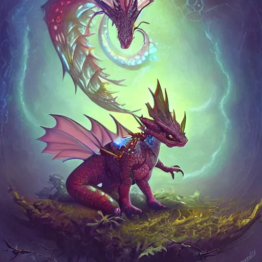 Image similar to a hyperrealistic illustration of a cute and tiny dragon that glows in the dark, dragon baby, glow in the dark, fractal moonlight, little dragon with glowing scales, award - winning, masterpiece, in the style of tom bagshaw, cedric peyravernay, peter mohrbacher