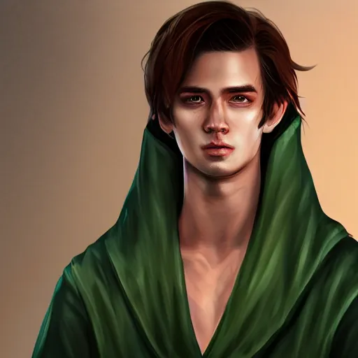 Prompt: realistic portrait, 25 years old man :: athletic fantasy mage :: green eyes, long brown hair :: wearing a robe :: high detail, digital art, RPG, concept art, illustration