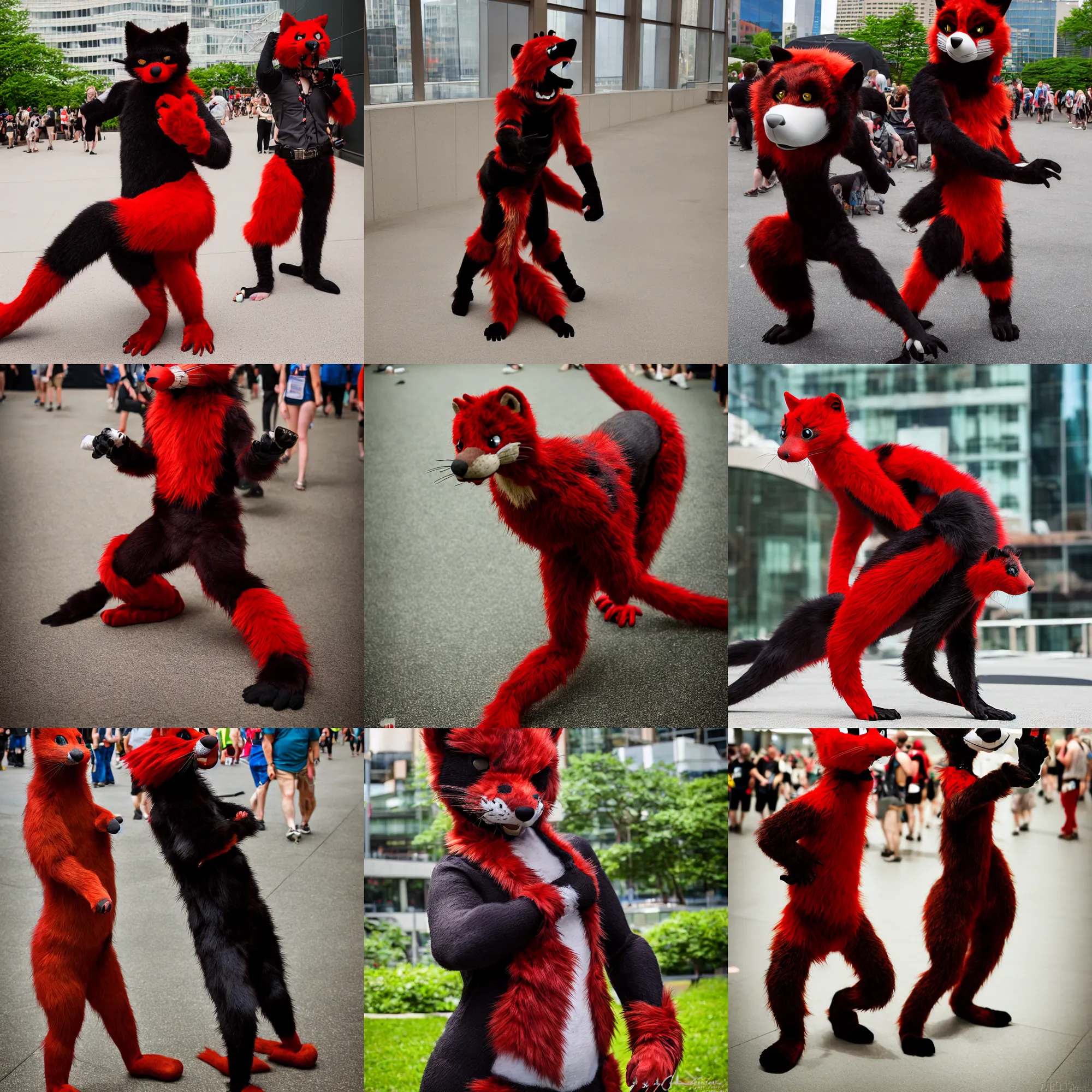 Image similar to fullbody photoshoot photo portrait of a roguish male red - black furred weasel furry fursuiter ( tail attached ), taken at anthrocon ( furry convention )