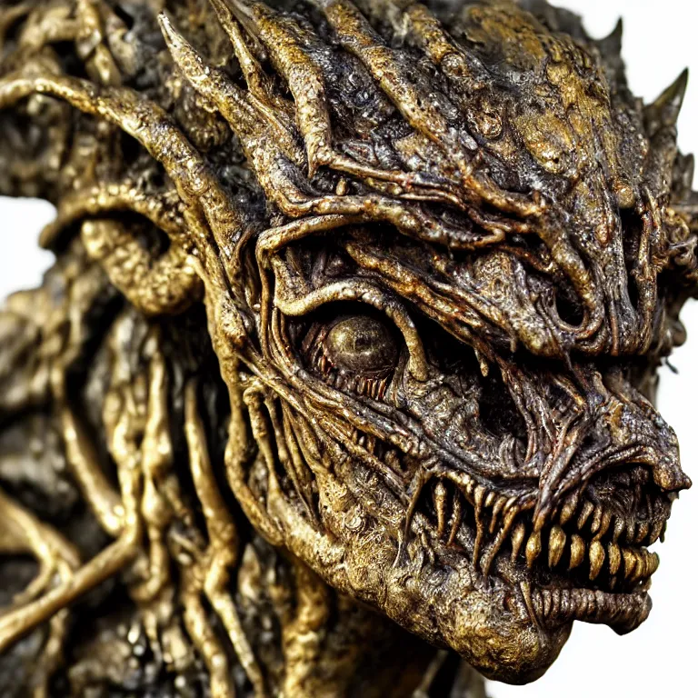 Image similar to photo taken of an epic intricate, ultra detailed, super realistic gritty, wet, lifelike sculpture of a nightmarish hellish alien ghoulish creature created by weta workshop, zoomed in shots, subsurface scattering, photorealistic, sharp focus, white wall coloured workshop, cold colour temperture, f 0. 4, face centred, golden ratio, golden hour