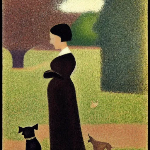 Prompt: a woman and her black and brown chihuahua in a park by georges seurat