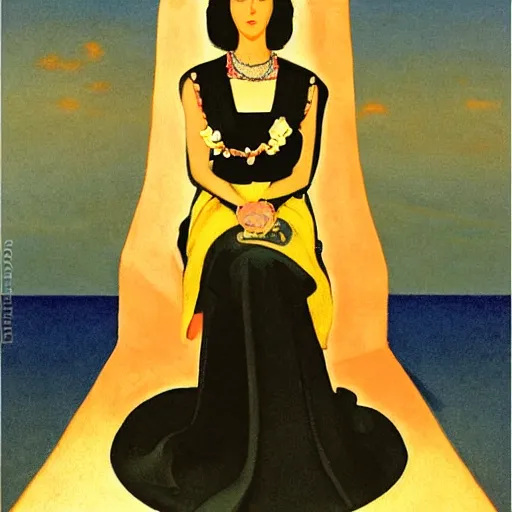 Image similar to an illustration of a queen wearing a beautiful black dress on a simple stone throne by nicholas roerich, by johann heinrich fussli, by frank frazettaby georgia o keeffe, realistic, detailed, oil painting