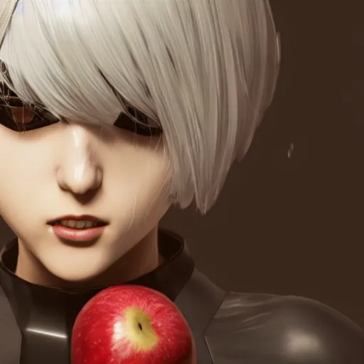 Image similar to 2B nier automata holding a apple, detailed, artstation, concept art, Unreal Engine 5 render, gameplay showcase, 8K