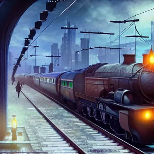 Image similar to :: Train to Hogwarts :: cyberpunk style :: Makoto Shinkai cyberpunk style :: Cinematography by Zack Snyder ::8k resolution :: cinematic shot :: epic :: awe :: masterpiece