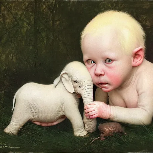 Prompt: an albino baby elephant portrait by Norman Rockwell, ultra realistic picture, looking at the camera, highly detailed, 8k, masterpiece, trending on cgsociety