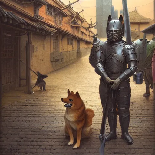 Prompt: a detailed matte portrait of an anthropomorphic shiba inu in steel plate armor, shiba inu face, very large longsword leaning against the side of a tavern, city streets, masterpiece, 8 k, art by donato giancola and greg rutkowski and wayne barlow and zdzisław beksinski