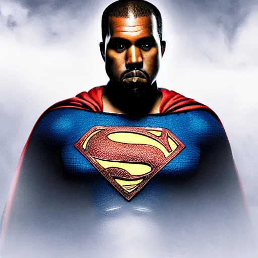 Image similar to Portrait of Kanye West as superman, heroic, amazing splashscreen artwork, splash art, head slightly tilted, natural light, elegant, intricate, fantasy, atmospheric lighting, cinematic, matte painting, detailed face, by Greg rutkowski