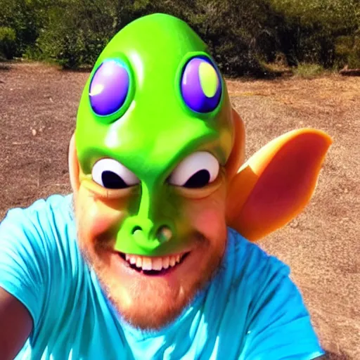 Image similar to selfie of a funny cute alien in an alien vacation resort