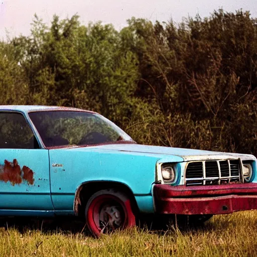 Prompt: A photograph of a rusty, worn out, broken down, decrepit, run down, dingy, faded, chipped paint, tattered, beater 1976 Denim Blue Dodge Aspen in a farm field, photo taken in 1989