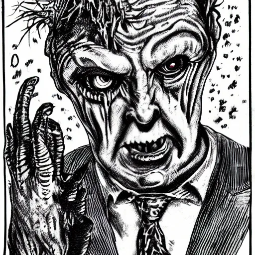 Image similar to a Pop Wonder scary horror themed goofy-hilarious-swamp-bog-monster-spaced-out-dead-head-with-space-in-his-oraphus, 3-piece-suit, dime-store-comic drawn with charcoal and pen and ink, half-tone-line-stacking