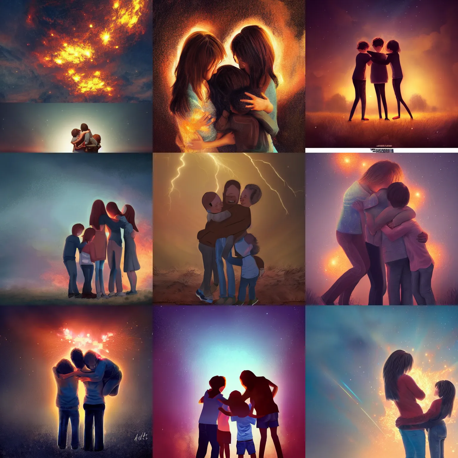 Prompt: A family hugging each other for the last time as the world is ending, meteors are falling from the sky, everything is on fire, dramatic lighting, digital art, very very very very very very beautiful, 8K, dark lighting, trending on Artstation, award winning