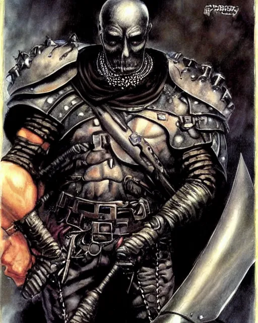 Image similar to portrait of a skinny punk goth wilford brimley wearing armor by simon bisley, john blance, frank frazetta, fantasy, thief warrior