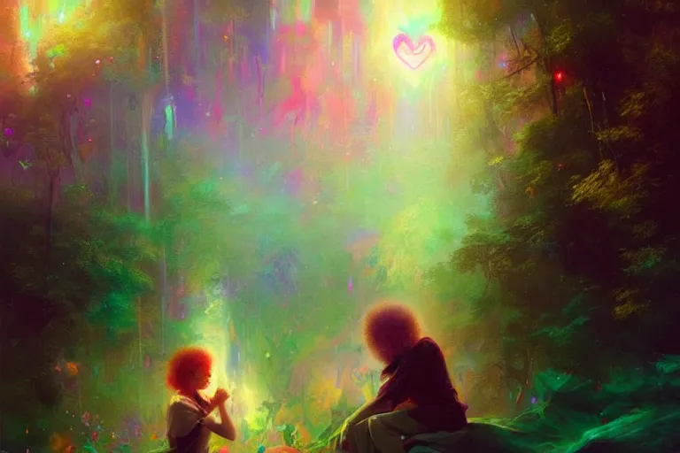 Image similar to a psychedelic realm hidden away in a pocket of ethereal understanding / astral beings sharing love greg rutkowski wlop lisa frank bob ross | ruan jia | illustration