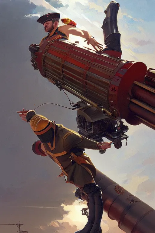 Image similar to man as human cannonball in the modern artillery cannon, realistic painting, symmetrical, highly detailed, digital painting, artstation, concept art, smooth, sharp focus, illustration, cinematic lighting, art by artgerm and greg rutkowski and alphonse mucha