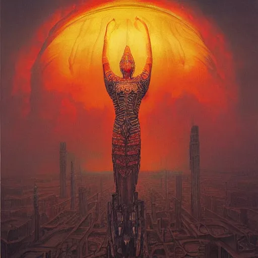 Prompt: giant mayan jmechawith flaming eyes standing over city, perfectly clear face, by j. c. leyendecker and beksinski