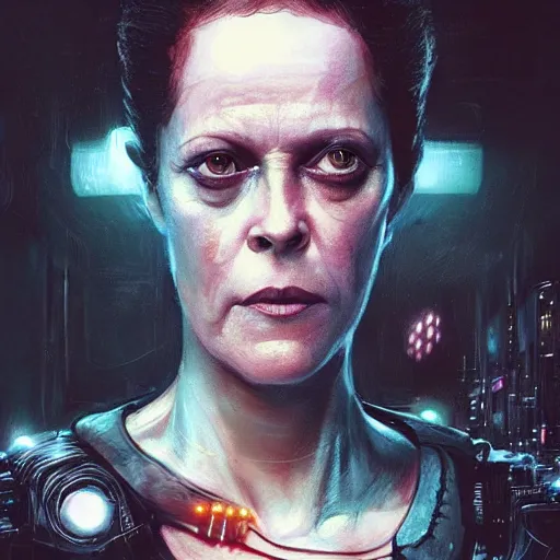 Image similar to sigourney weaver as molly millions, neuromancer, a young beautiful woman, mirror eye implants, cyberpunk, high detail, dramatic light, digital art, dark, promotional art painted by seb mckinnon and greg rutkowski, trending on artstation