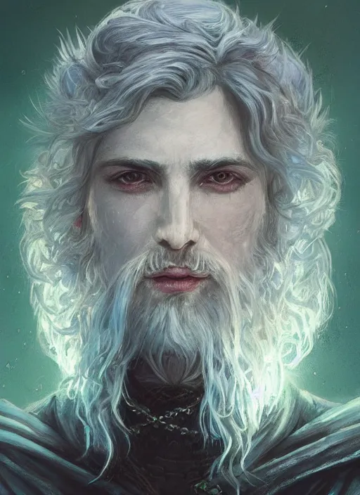 Image similar to Portrait of hexblade warlock aasimar, teal magic electricity, male, silver shaggy hair, short scruffy beard, cloak, white eyes, fantasy, extremely detailed, digital painting, artstation, concept art, smooth, sharp focus, illustration, stunning lighting, art by artgerm and greg rutkowski and alphonse mucha and simon stalenhag, realistic character concept, high fantasy, light atmosphere, golden ratio, cinematic lighting, hyperdetailed, high resolution, insanely detailed and intricate, artstation, Marc Simonetti, Greg Rutkowski