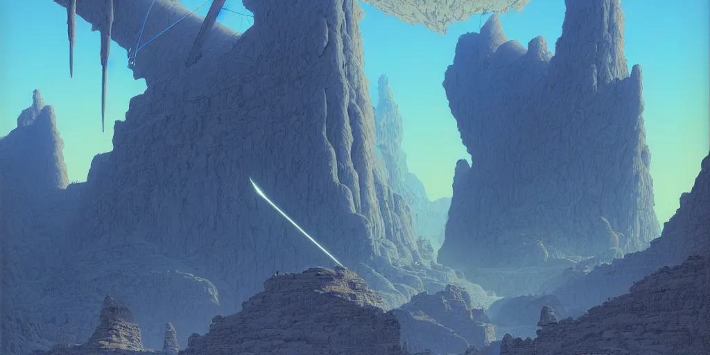 Prompt: grainy matte painting of gigantic huge mech with huge swords, pastel matte colors, staying in the toxic blue canyon, by moebius, hyperrealism, intricate detailed