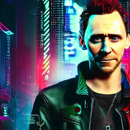 Prompt: tom hiddleston portrait, Cyberpunk 2077, cyberpsycho, photorealistic, ultra detailed, neon, octane, bokeh, cyber, cyberpunk city, feature, scars, cyberface, 8k