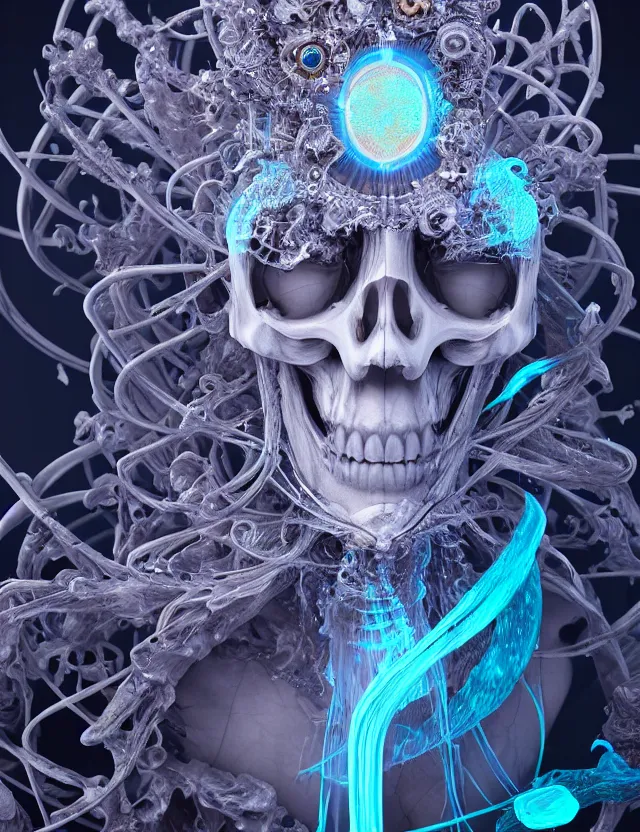 Image similar to 3 d goddess skeleton macro close - up portrait with crown made of ram skull. betta fish, jellyfish phoenix, bioluminiscent fire, plasma, ice, water, wind, creature, super intricate ornaments artwork by tooth wu and wlop and beeple and greg rutkowski