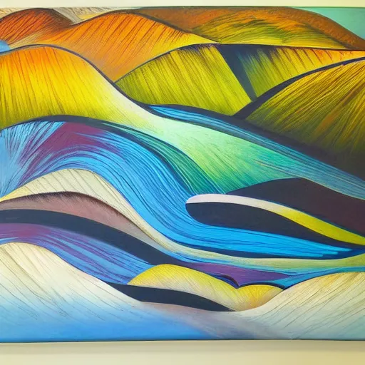 Image similar to a wild modernist landscape painting filled with energy patterns rippling in all directions, mountains, rushing water, saturated colors