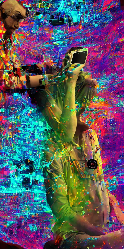 Image similar to man becomes controlled by a smartphone he gazes at while he played like a marionette, puppet, intricate complexity, horror, psychedelic glitch art, rainbow drip paint, trending on art station, photoreal, 8k, octane render