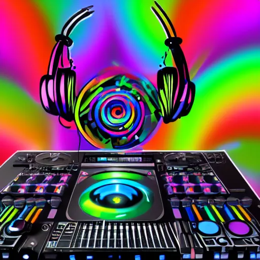 Image similar to shoulder back tattoo of a multicolored cute bush baby wearing headphones, in front is dj desk with cd mixer, eyes are colorful spirals, surrounded with colorful magic mushrooms and rainbowcolored marihuana leaves, insanely integrate