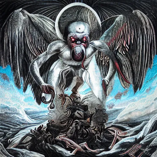 Image similar to mandrill descending from heaven, in the style of deathspell omega's fas album cover, illustration, detailed